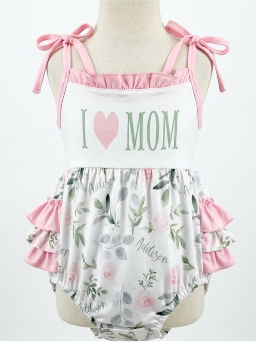 I Heart Mom Pink & Green Floral Baby Romper